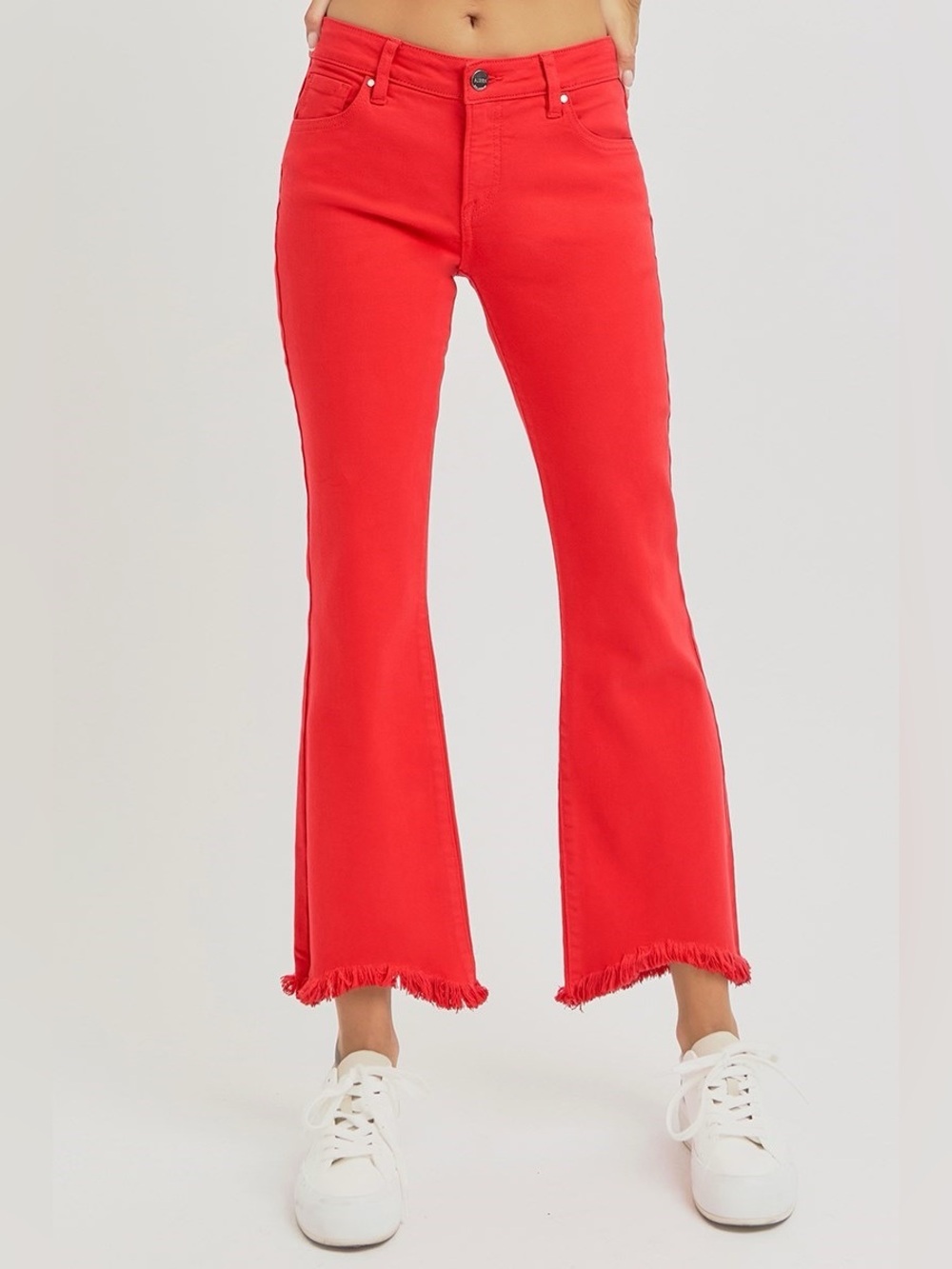 High-Rise Red Flare Jeans with Frayed Hem